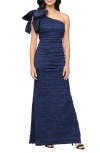 Alex Evenings Bow Detail One-shoulder Ruched Satin Gown In Blue