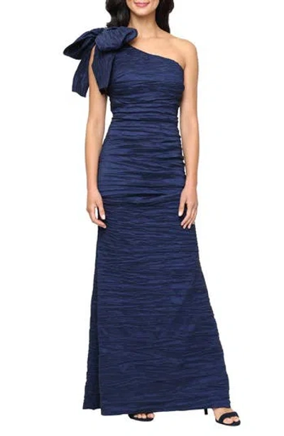 Alex Evenings Bow Detail One-shoulder Ruched Satin Gown In Multi