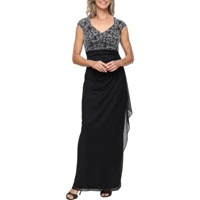 Alex Evenings Cap Sleeve Empire Waist Evening Gown In Black