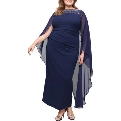 Alex Evenings Plus Size Cape-sleeve Beaded Neckline Dress In Blue