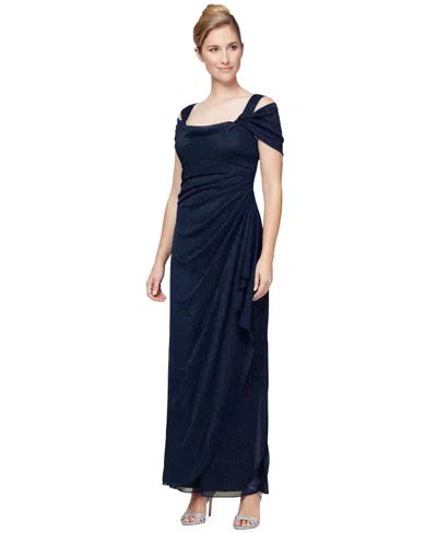 ALEX EVENINGS COLD-SHOULDER DRAPED METALLIC GOWN