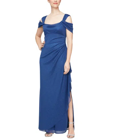 Alex Evenings Cold Shoulder Ruffle Glitter Evening Gown In Electric Blue