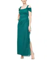 Alex Evenings Cold Shoulder Ruffle Glitter Evening Gown In Emerald Green