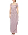Alex Evenings Cold Shoulder Ruffle Glitter Chiffon Gown In Mauve