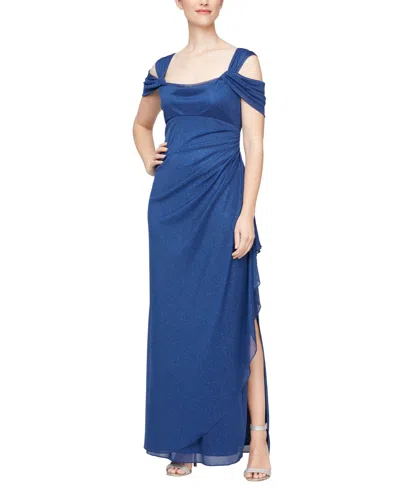 Alex Evenings Cold-shoulder Draped Metallic Petite Gown In Blue