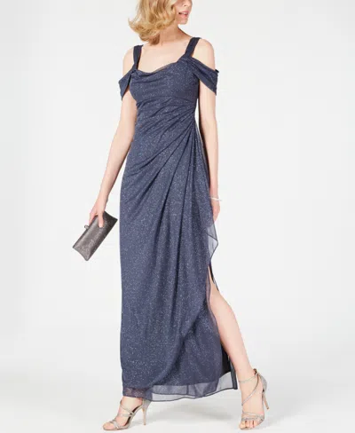 ALEX EVENINGS COLD-SHOULDER DRAPED METALLIC PETITE GOWN