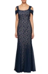 Alex Evenings Cold Shoulder Fit & Flare Evening Gown In Multi