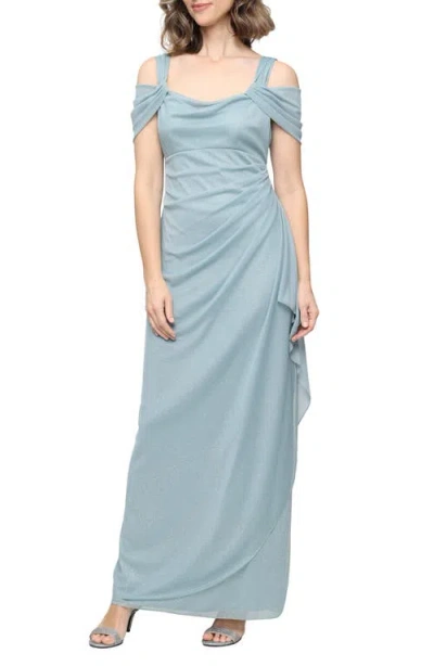 Alex Evenings Cold Shoulder Ruffle Glitter Chiffon Gown In Blue