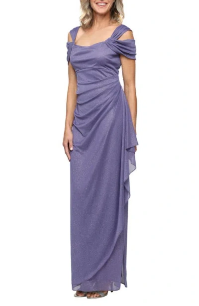 Alex Evenings Cold Shoulder Ruffle Glitter Chiffon Gown In Purple