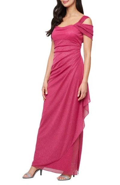 Alex Evenings Cold Shoulder Ruffle Glitter Chiffon Gown In Raspberry