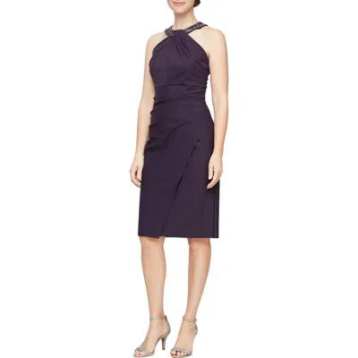 Alex Evenings Contour Collection Halter Embellished Cocktail Dress In Blue