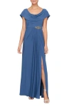 Alex Evenings Cowl Neck Beaded Waist Evening Gown In Wedgewood