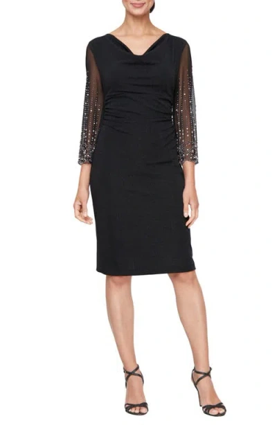 Alex Evenings Cowl Neck Rhinestone Sleeve Sheath Cocktail Dress In Black
