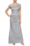 Alex Evenings Crinkle Off The Shoulder Gown In Platinum