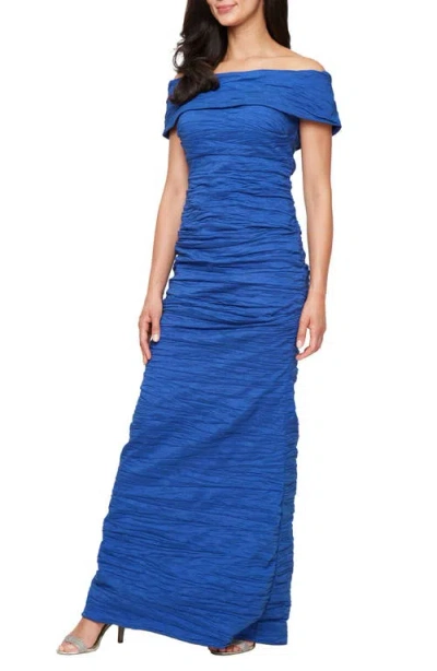 Alex Evenings Crinkle Off The Shoulder Stretch Taffeta Gown In Blue