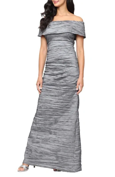 Alex Evenings Crinkle Off The Shoulder Stretch Taffeta Gown In Gray
