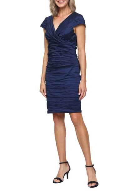 Alex Evenings Crinkle Stretch Taffeta Cocktail Sheath Dress In Blue