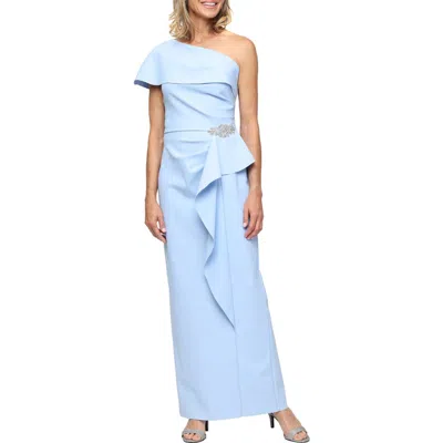 Alex Evenings Crystal Detail One-shoulder Contour Gown In Blue