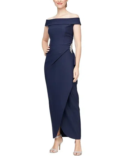 Alex Evenings Dress Women's 6 Navy Stretch Embellishment Off-the-shoulder Jdm379 In Blue