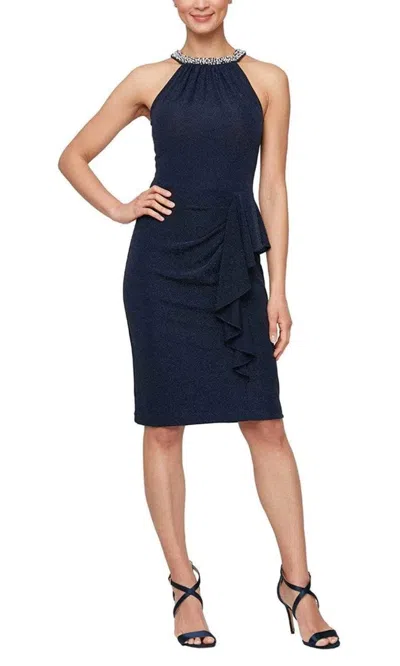 Alex Evenings Dress Women Dark Navy Stretch Beaded Neck Party Cocktail Frog464 In Blue