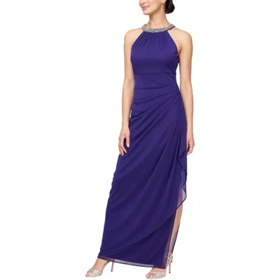 Alex Evenings Dress Women's Purple Mesh Side Slit Beaded Halter Neck Frog371
