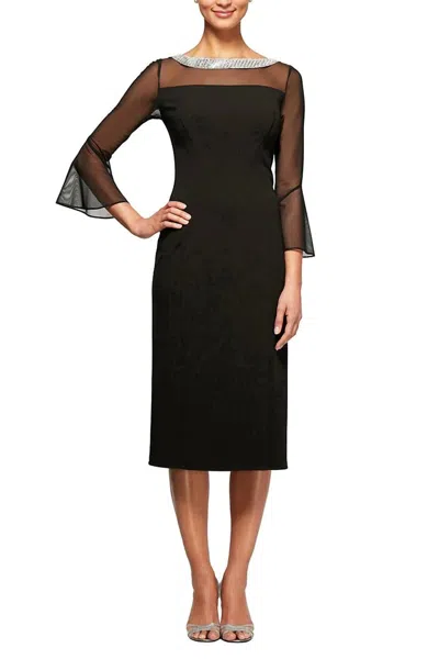 Alex Evenings Embellished Boat Neck Bell Sleeves Midi Dress In Black