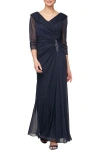 Alex Evenings Embellished Chiffon Evening Gown In Navy