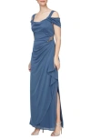 ALEX EVENINGS EMBELLISHED COLD SHOULDER COLUMN EVENING GOWN