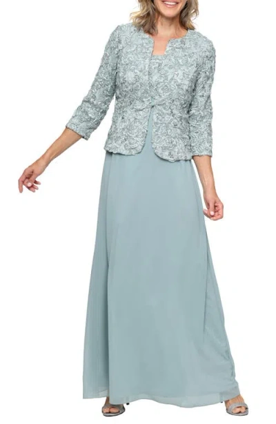 Alex Evenings Embellished Empire Waist Gown With Soutache Jacket In Blue