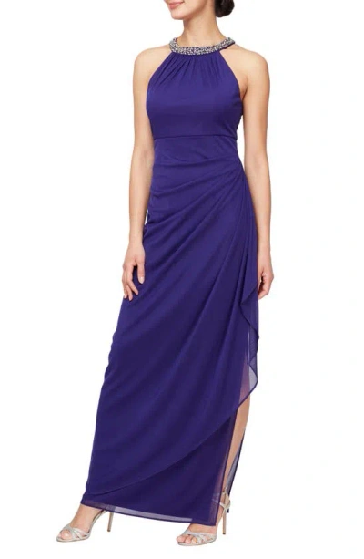 Alex Evenings Embellished Halter Ruched Column Formal Gown In Bright Purple