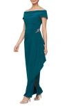 Alex Evenings Embellished Off The Shoulder Column Gown In Deep Teal
