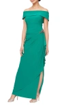 Alex Evenings Embellished Off The Shoulder Column Gown In Jade