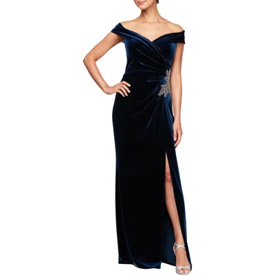 Alex Evenings Embellished Off The Shoulder Velvet Gown In Blue