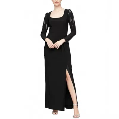 Alex Evenings Embellished Puff-shoulder Long Sleeve Dress In Black