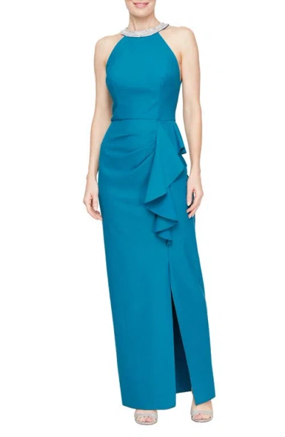 Alex Evenings Embellished Ruffled Gown In Mid Teal