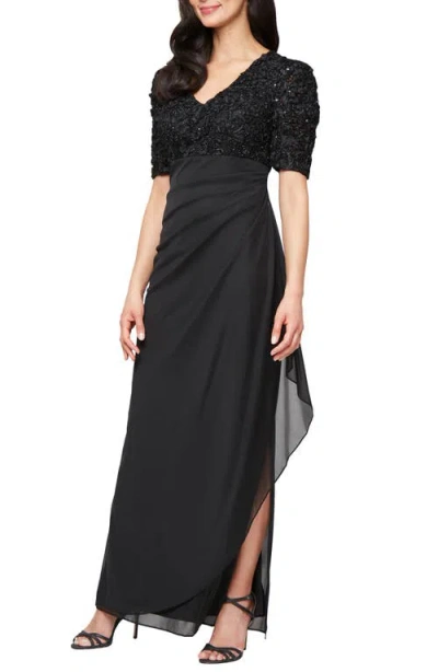 Alex Evenings Embellished Short Sleeve Empire Waist Gown In Black