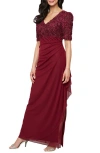 Alex Evenings Embellished Short Sleeve Empire Waist Gown In Burgundy