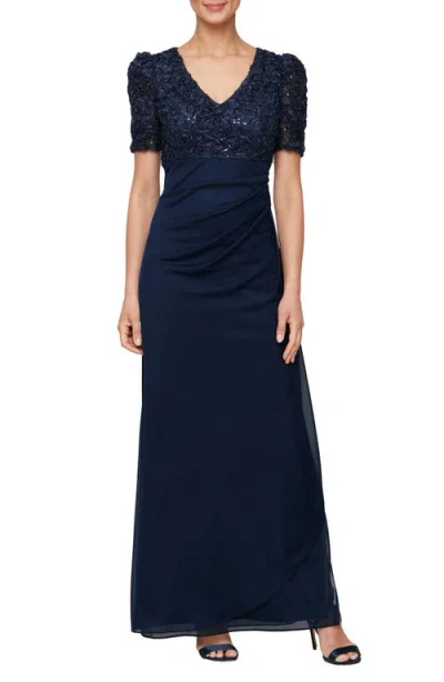 Alex Evenings Embellished Short Sleeve Empire Waist Gown In Navy