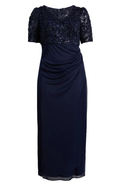 Alex Evenings Embellished Short Sleeve Empire Waist Gown In Blue