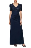 Alex Evenings Embellished Short Sleeve Empire Waist Gown In Navy