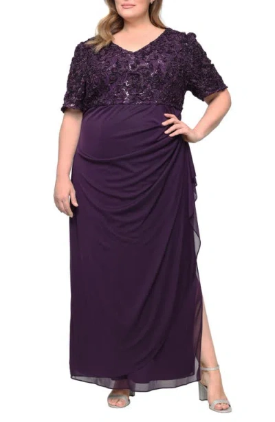 Alex Evenings Embellished Short Sleeve Empire Waist Gown In Purple