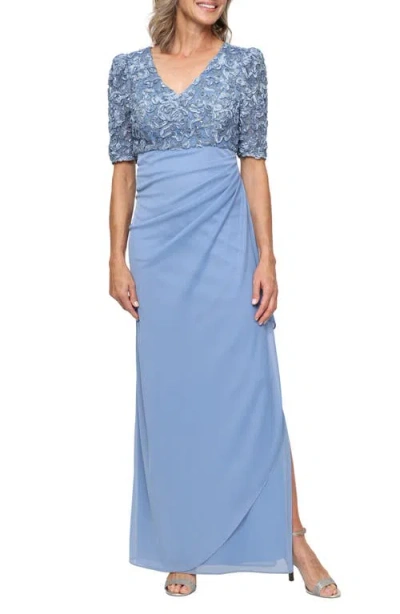 Alex Evenings Embellished Short Sleeve Empire Waist Gown In Blue