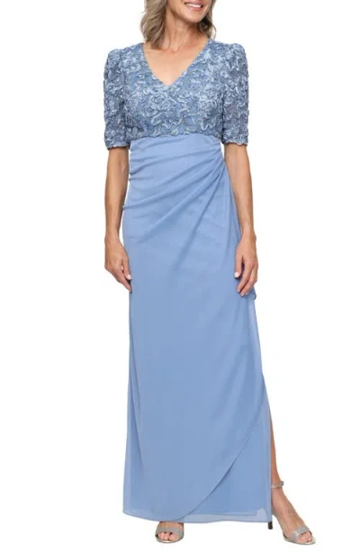 Alex Evenings Embellished Short Sleeve Empire Waist Gown In Blue