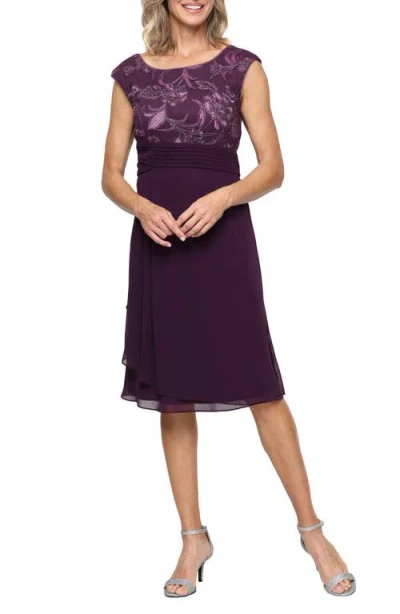 Alex Evenings Embroidered Bodice Chiffon Cocktail Dress In Purple