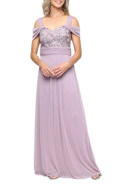 Alex Evenings Embroidered Bodice Cold Shoulder Short Sleeve Gown In Purple