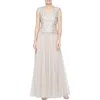 Alex Evenings Petite Long V-neck Embroidered A-line Dress In Taupe