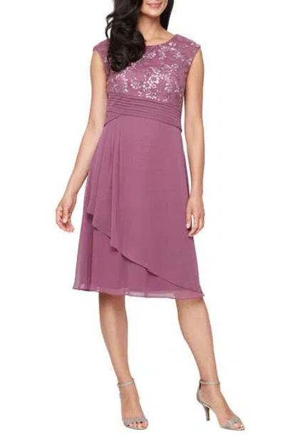 Alex Evenings Embroidered Empire Waist Cocktail Dress In Dark Mauve