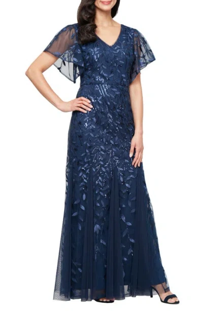 Alex Evenings Embroidered Flutter Sleeve Tulle Mermaid Gown In Blue