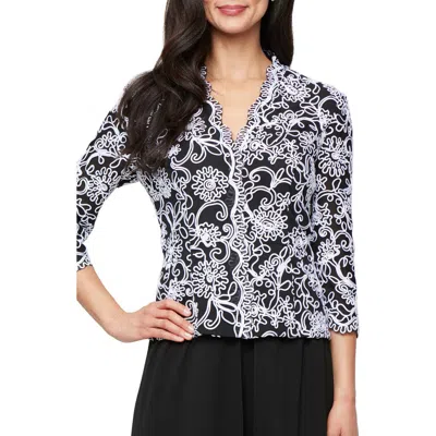 Alex Evenings Embroidered Illusion Sleeve Blouse In Black White