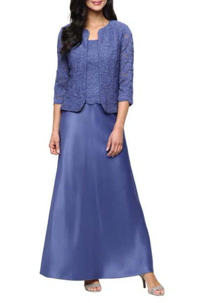 Alex Evenings Embroidered Lace Mock Two-piece Gown With Jacket In Blue